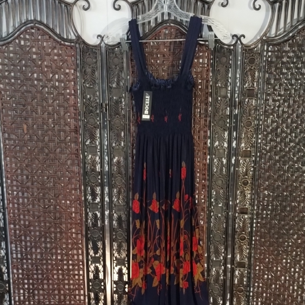 Navy Maxi Dress with Red Floral Print Smocking Stretchy XL